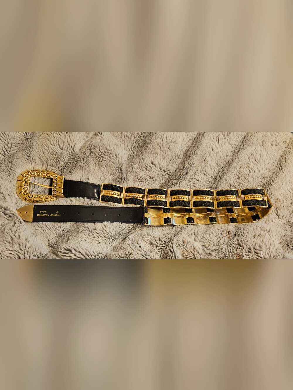 Vintage Carlisle Italian Design Gold Panel Link Belt, Woven Black Leather, M